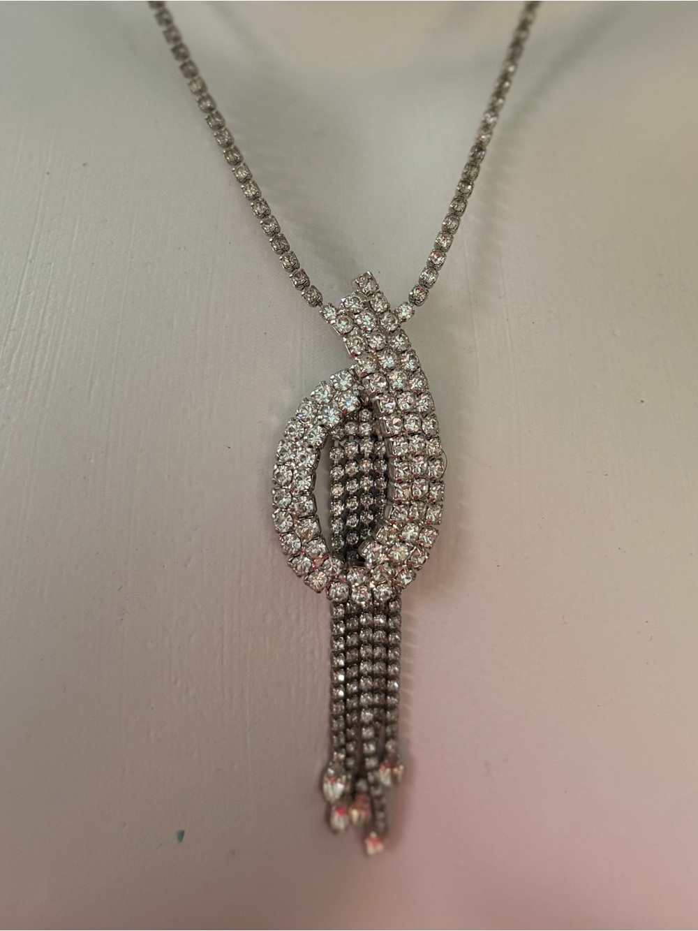 Vintage Silver Crystal Loop Tassel Necklace - Silver